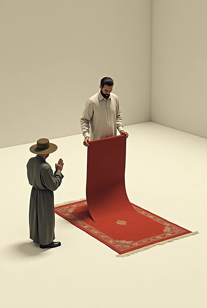 A man is standing and laying a carpet on the ground and half of the carpet is laid, half of it is in his hand, let it be a small carpet and the man's face can be seen. A person who prays standing and has a hat on his head should be the only person who prays