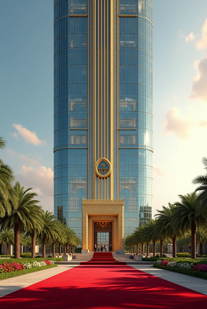 A luxurious multi trillion dollar company headquarters with the words NEXUS GLOBAL HEADQUARTERS the building has Dubai architecture and the compound sorounded with flowers,grass and other nature with red carpets I want it to be on it's own and the words