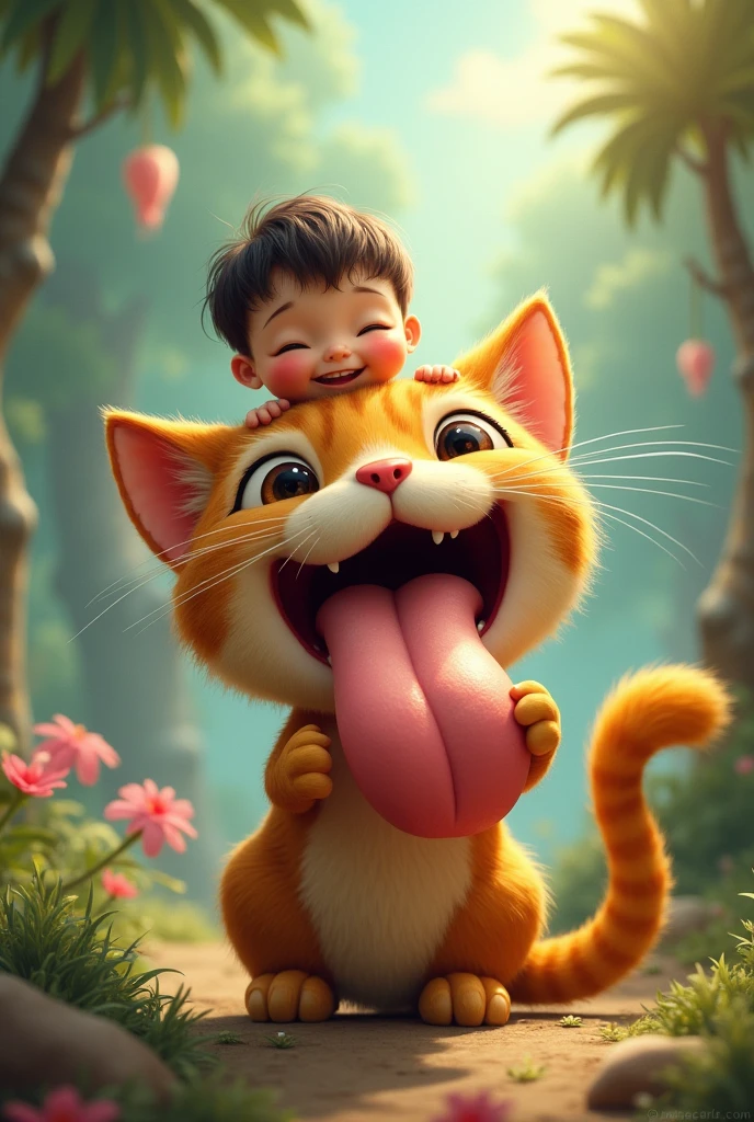 A furry age cat giving a kid a ride on his tongue