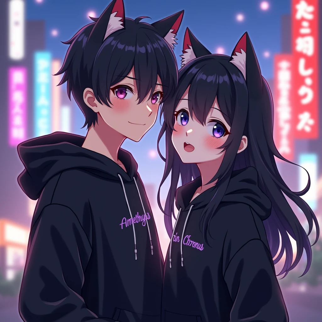 Sweet boy and girl couple anime wearing black hoodie, with cat ears, with purple text 
"Amethyst" to the girl and "Chronus" to the 
boy, in japan citylights background, and the 
girl is black long hair