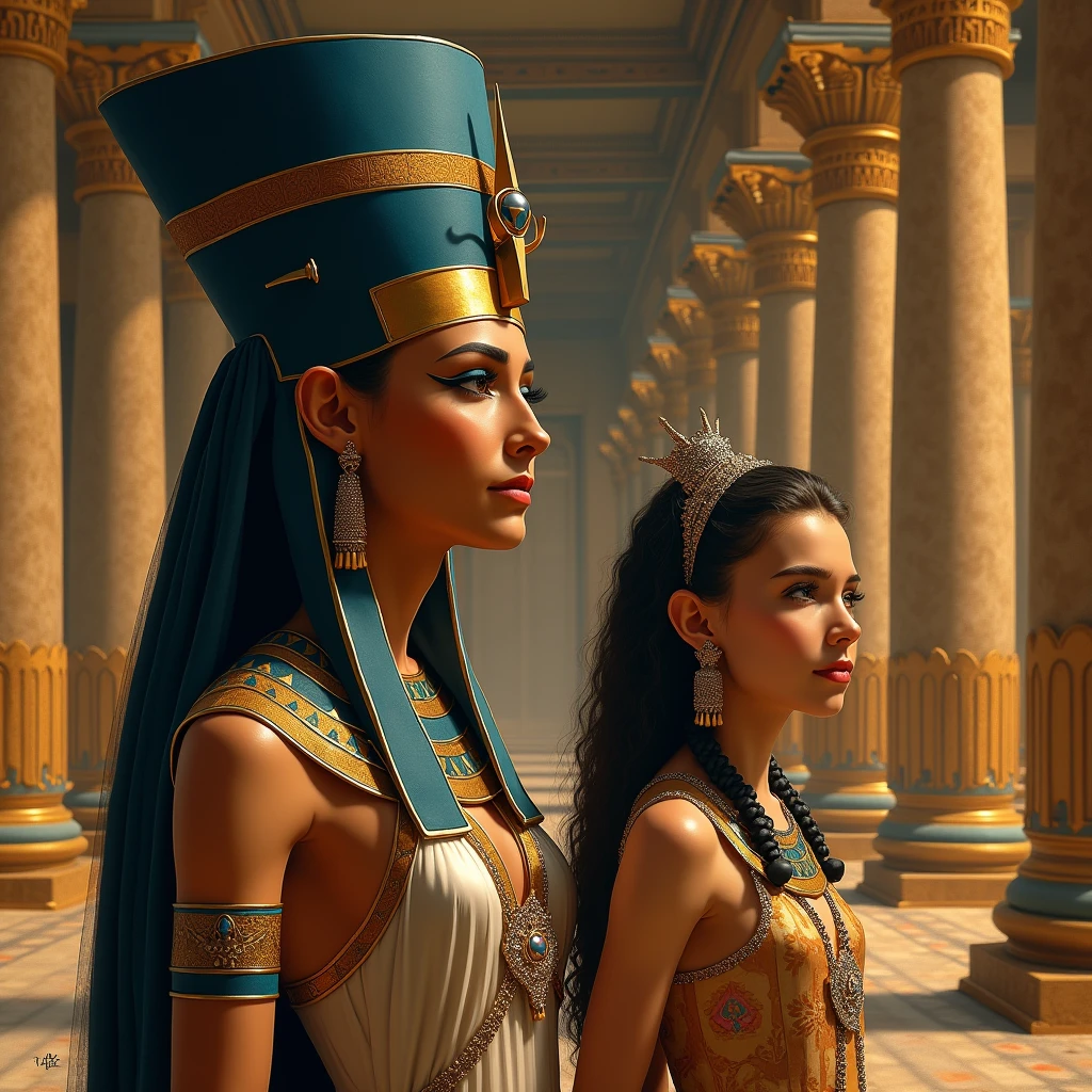 Nefertiti with her majestic crown, adorned with jewels, next to tutankhamun, in a hall of the palace