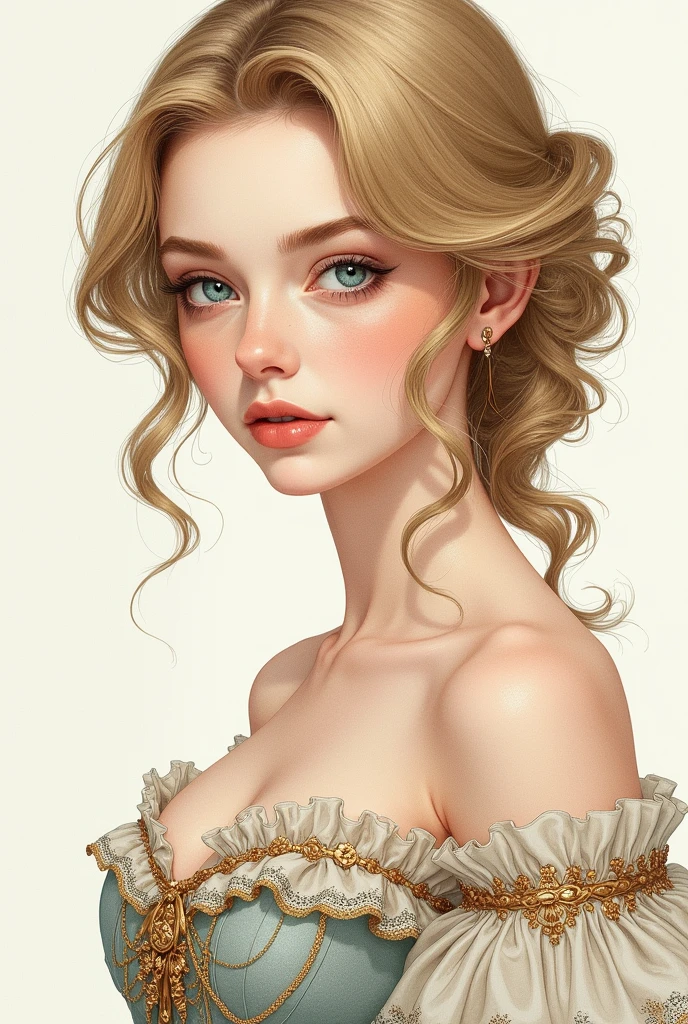 (masterpiece, Best Quality, High resolution: 1.4), detailed, intricate details, 4k, touch of color, Line art, French Victorian style Detail.
man, androgino wavy hair rubio, wavy hair, blue eyes, smooth skin, White skin, slim, smiling, gentle.
Clothing detail Princess dress with white lace and gold.