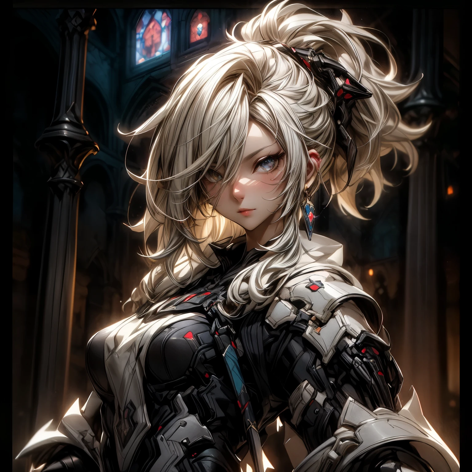 (best quality)), ((Masterpiece)), (details:1.4), 3d, HDR (high dynamic range), an image of a beautiful cyberpunk female, fantasy, Cyberpunk, Medieval, Blonde hair, Highi ponytail, Beautiful white eyes, จมูกโด่ง, ปากแดง, หน้าอกใหญ่, nvidia RTX, PBR surface, After processing, Anisotropic filtration,depth of field, Maximum clarity and clarity, multi-layered surface, Subsurface scattering, perfect proportions, 8K raw files, ultra detailed, Perfect proportions, volumetric lighting, soft lighting, Holy Paladin, Heavy Black Armor, glossy skin, intricate silver embroidery, chapel background, jewely, ต่างหู, นิ้วมือสมบูรณ์, นอน