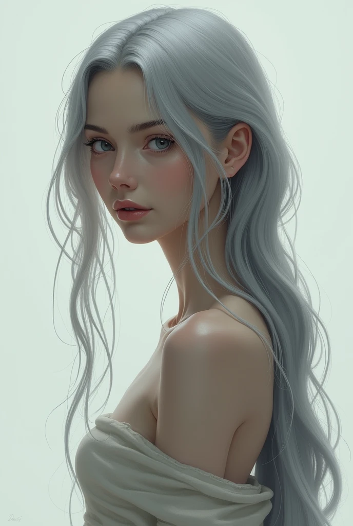 A girl who turned her face and looked left side with long neck and leg grey hair