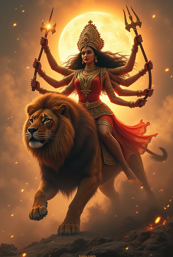 Goddess Durga is one of the most revered and celebrated deities in Hinduism. She embodies the divine feminine energy and is often associated with strength, protection, and the triumph of good over evil. Here are some key aspects of Goddess Durga:
### Symbolism and Iconography
1. **Form**: Durga is usually depicted riding a lion or tiger and wielding a variety of weapons in her multiple arms, each symbolizing her ability to combat various forms of negativity and evil.
2. **Ten Arms**: In her most common representation, she is shown with ten arms, each holding a different weapon given to her by the gods, symbolizing her omnipotence.
3. **Appearance**: She often has a compassionate and fierce expression, resonating with both nurturing and powerful qualities.
### Festivals
1. **Durga Puja**: Celebrated predominantly in West Bengal and other parts of India, this festival honors the victory of Goddess Durga over the buffalo demon Mahishasura, symbolizing the victory of good over evil. It usually takes place in the month of Ashwin (September-October).
2. **Navaratri**: A nine-night festival dedicated to the worship of Goddess Durga, featuring various rituals and cultural performances.
### Mythology
1. **Victory over Mahishasura**: The most popular mythological narrative of Durga is her battle against the demon Mahishasura, who was granted a boon that made him invincible to gods and men. In response, the gods combined their powers to create Durga, who defeated him and restored cosmic order.
2. **Representation of Shakti**: Durga is often seen as a representation of Shakti, the feminine energy that empowers, nurtures, and protects.
### Cultural Impact
- Goddess Durga has inspired countless works of art, literature, and dance, reflecting her importance in various forms of cultural expression in India and beyond.
- She is also seen as a symbol of women's empowerment, embodying qualities such as courage, resilience, and wisdom.
Goddess Durga holds a special place in the h