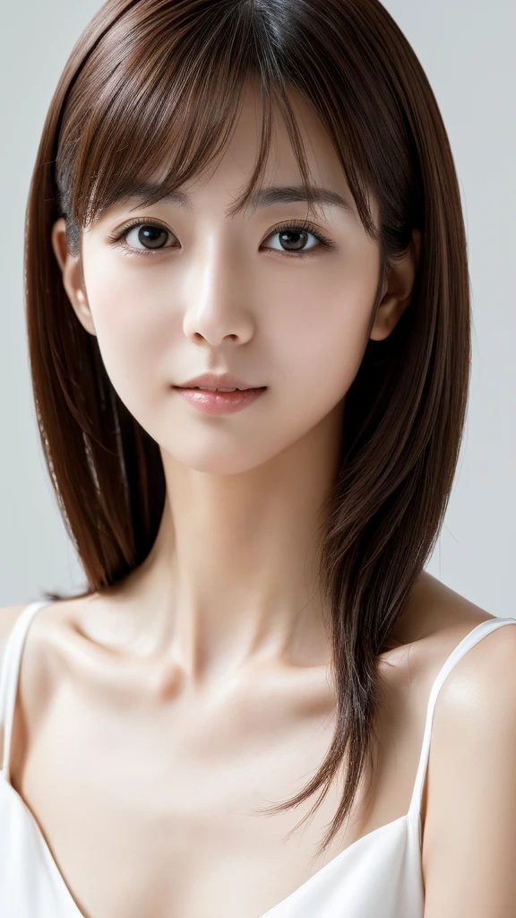 Masterpiece, Best Quality, Photorealsitic, Ultra-detailed, finely detail, high resolution, 8k wallpaper, Professional, high level of detail, 1girl in, Skinny Japanese woman, ((Facing the front)), Detailed clavicle, face perfect, straight hair, (look straight at a camera)