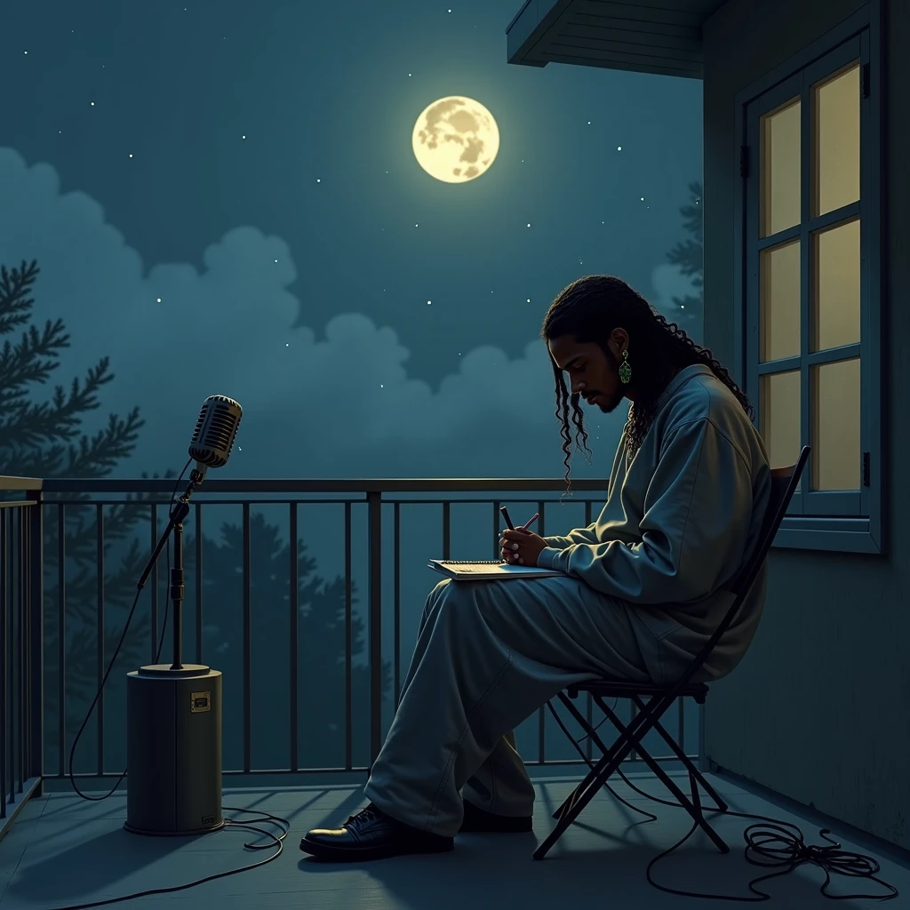 creates the image of a man sitting alone in a chair next to his balcony creating poems next to the window with a moon and a serene night, The dark-skinned man with long wavy hair wearing oversized clothing and a hanging marijuana earring and a microphone on a pedestal while creating a feminine shadow