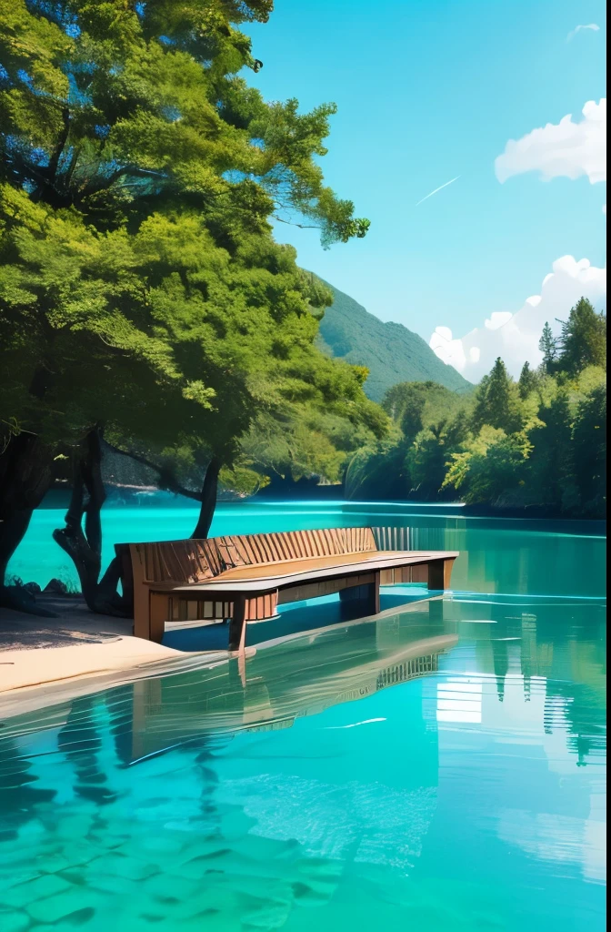 trees are growing near the water and a bench is near the water, a picture inspired by Li Keran, instagram, hurufiyya, turquoise water, blue and green water, blue waters, puddles of turquoise water, azure water, green waters, river with stunning water, clear blue water, beautiful lake, lake blue, very very beautiful scenery