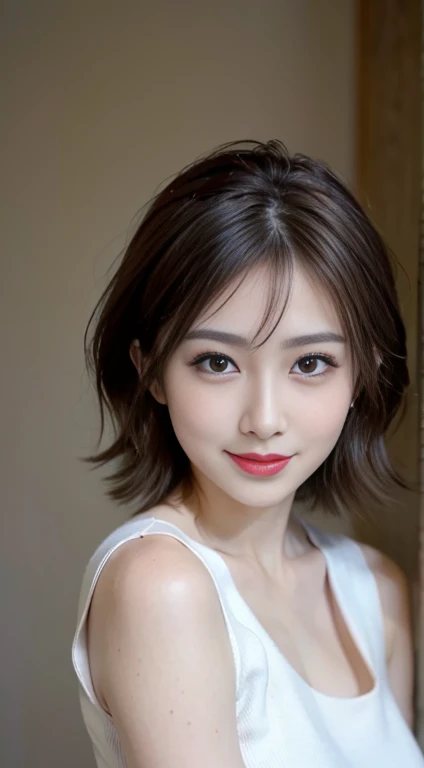 blush a little and smile, (Top quality masterpiece:1.2) Delicate illustrations, Very detailed, /Beautiful Japanese Women、1 person,Very cute and slim、Great style 、((8k images、super high quality))、Very delicate face, Skin and Hair、Big Breasts、beautifule forehead、Red lipstick、(((((short hair、Brown Hair、lure))))),Very cute Japanese cut face、Eyes and nose are clearly visible、Kind eyes,((((White sleeveless sexy dress))))
