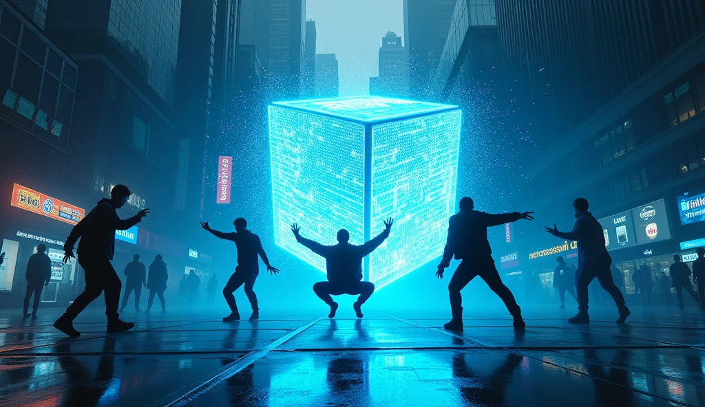 sky view to the city, a group of dancer are breakdance in front of a giant cube hologram logo with the words "UrBox" in the wide growded street, The hologram logo explodes and emits an all-encompassing blue light between cyberpunk buildings. Lighting: Dark colors, faint blue lights from billboards. Effects: LED strips on the device gradually glow. Special: The scene evokes a sense of suspense and anticipation.