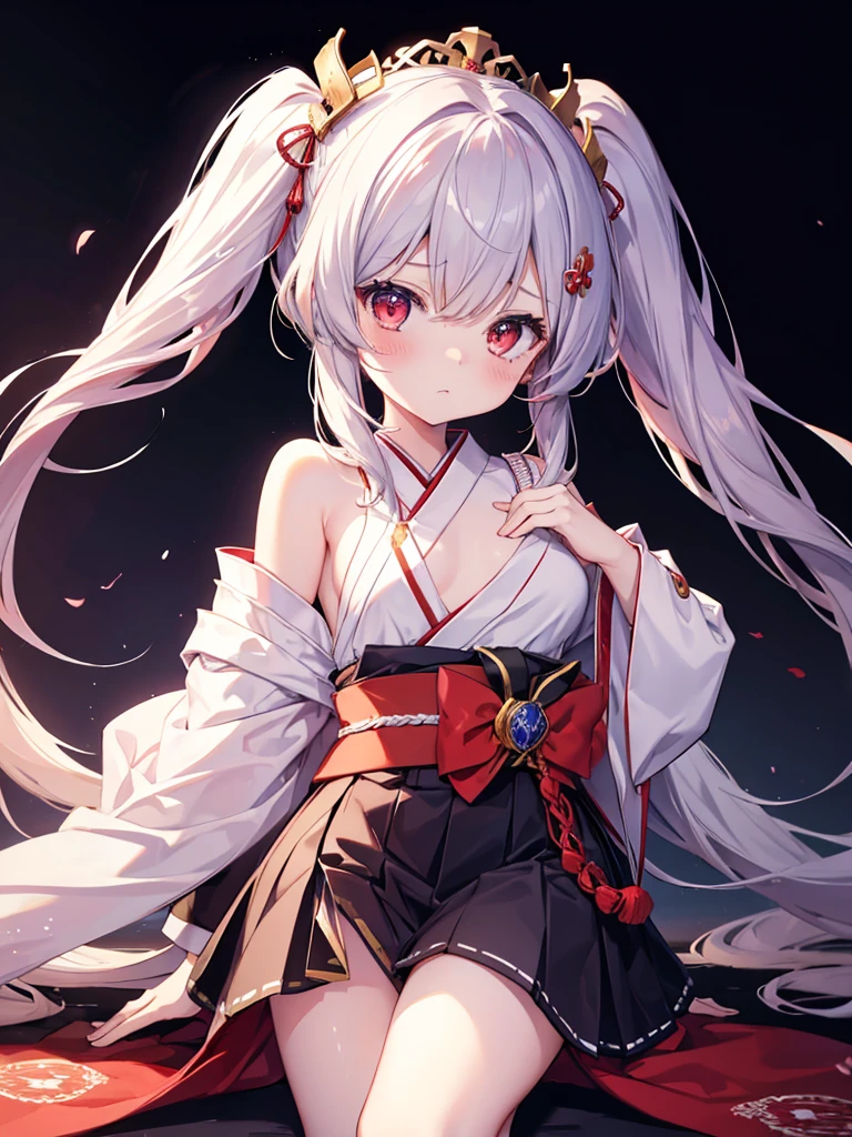 history、Simple Background, One girl, Twin tails, masterpiece, chest, Red eyes, I want to cry, Japanese sword、crown, 