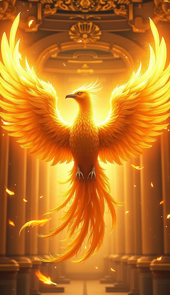 4K Ultra HD、Flapping Phoenix、The Golden Temple、Japanese style、Gold background、Increase your luck with money、Feathers are burning、Flames are scattered、Golden Phoenix