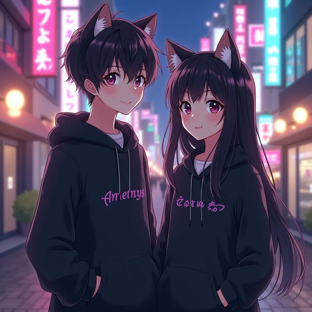 Sweet boy and girl couple anime wearing black hoodie, with cat ears, with purple text
"Amethyst" to the girl and "Chronus" to the
boy, in japan citylights background, and the
girl is black long hair