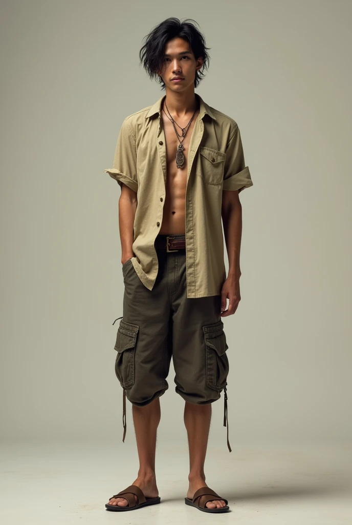 A tall, slender Thai man dressed in a scruffy style, wearing sandals and long hair.
