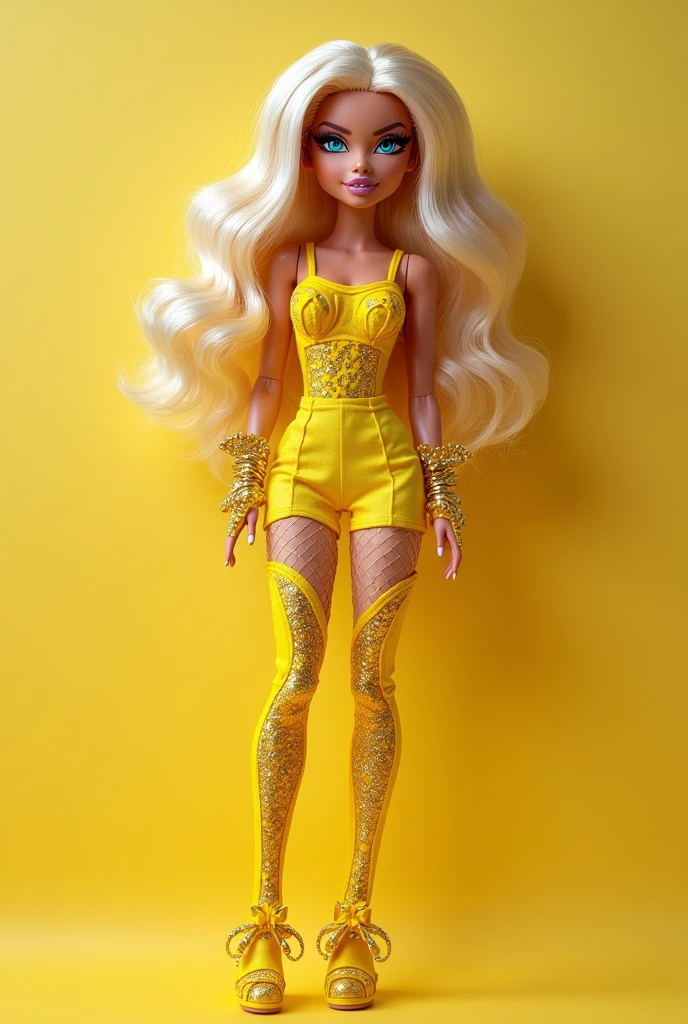 Make me a blue eyed bratz doll, Blonde with a mole above her lip with a full-body yellow drag look
