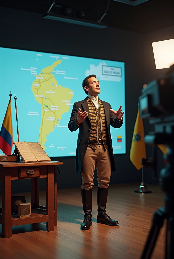 It is in a studio that combines historical elements with current technology.: Behind him, You see a large screen with graphics, Maps and flags of Colombia illustrating the independence of the South . San Martin is in the middle of a passionate explanation, with a firm posture and a gesture, maybe in front of a broadcast camera. In the background, The graphics show important dates and key regions of the independence process, and there is a small table with historical documents and flags. The atmosphere is one of great dynamism and historical relevance, mixing the gravity of the past with technology