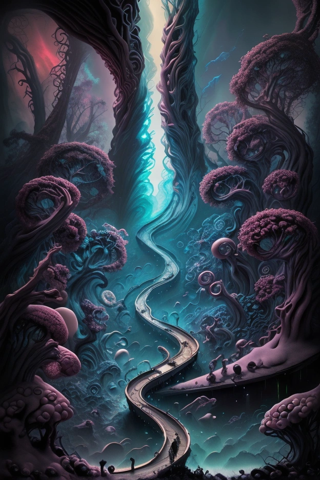 a unique eerie dark surreal candy land,high quality,bigger view,detailed,photorealistic,cinematic lighting,dramatic shadows,vibrant colors,intricate details,twisted surreal elements,dark fantasy,dreamlike atmosphere,strange and bizarre,surreal landscape,distorted reality,hyper detailed,masterpiece,ultra-detailed,8k