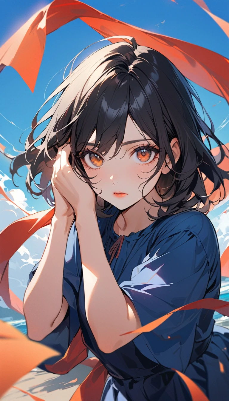 1woman, solo, medium hair, black Hair, brown eyes, detailed eyes, light lips, 25years old, getting red in the face, cover one's face with one's hands,wear blue casual long dress, looking at viewer, closed mouth, blue sky