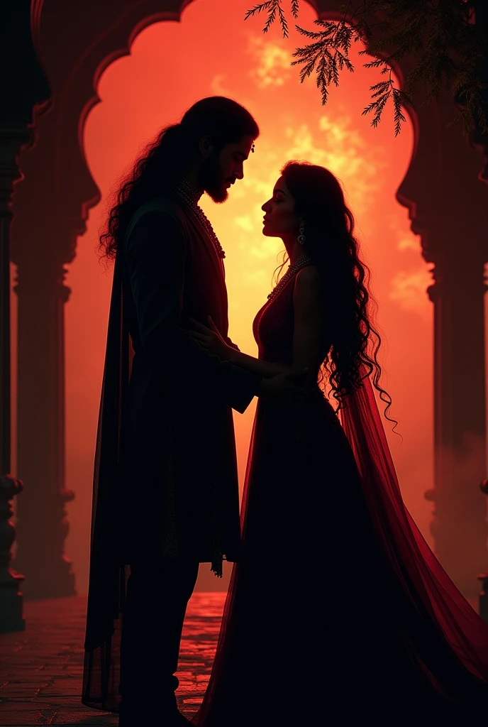 A perfect book cover that has two faceless shadows but affection is there. One is a man with shoulder length hair second is a curly long hair indian princess(shadows) the theme shudbe black red. Don't make them modern. Make them ancient Indian Prince princess from 16 th century rajput.
