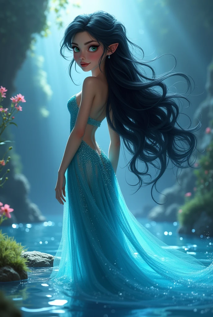 Pixar image, a water fairy , long blue dress, dark hair and eyes,