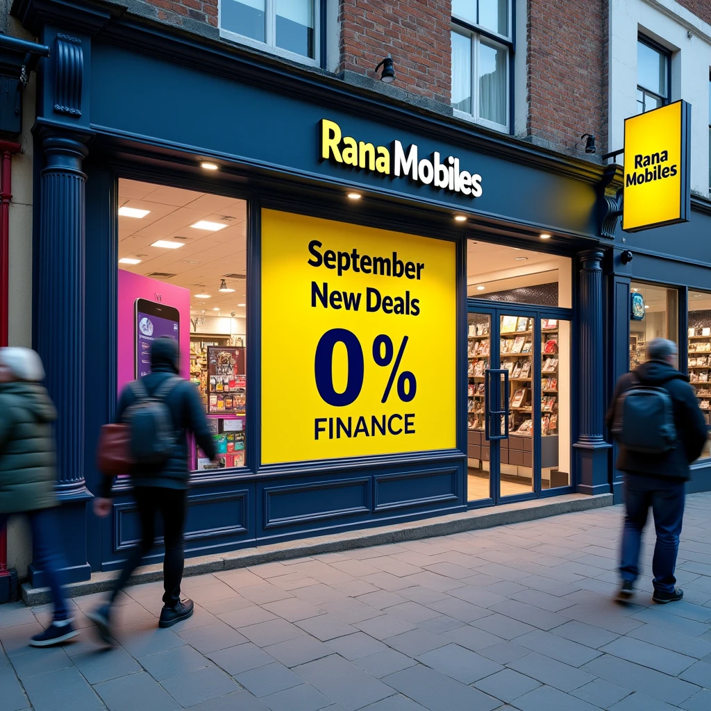 Mobile store image with new month September and new deals banner realstic photo. Shop name is Rana mobiles. 
Title September new deals 0% finance
