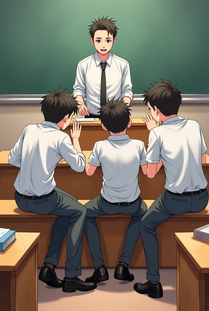 4 students boys  making a noice sitting on school bench in white shirt grey paint at reading front of teacher