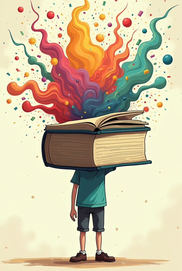 Make a cartoon of a person with a book head, from which creative thoughts and colors emerge