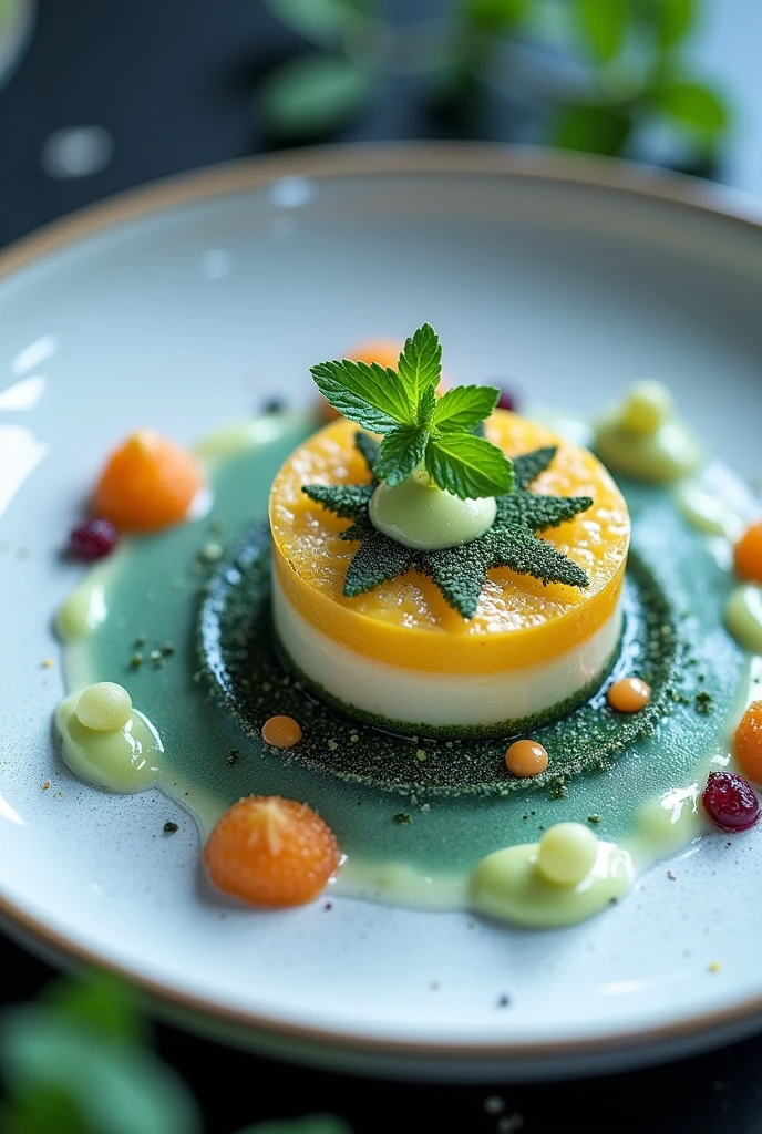 Prohibited: Zucchini and hake rose, accompanied by fake coconut caviar, blueberry foam, and mint sauce.








