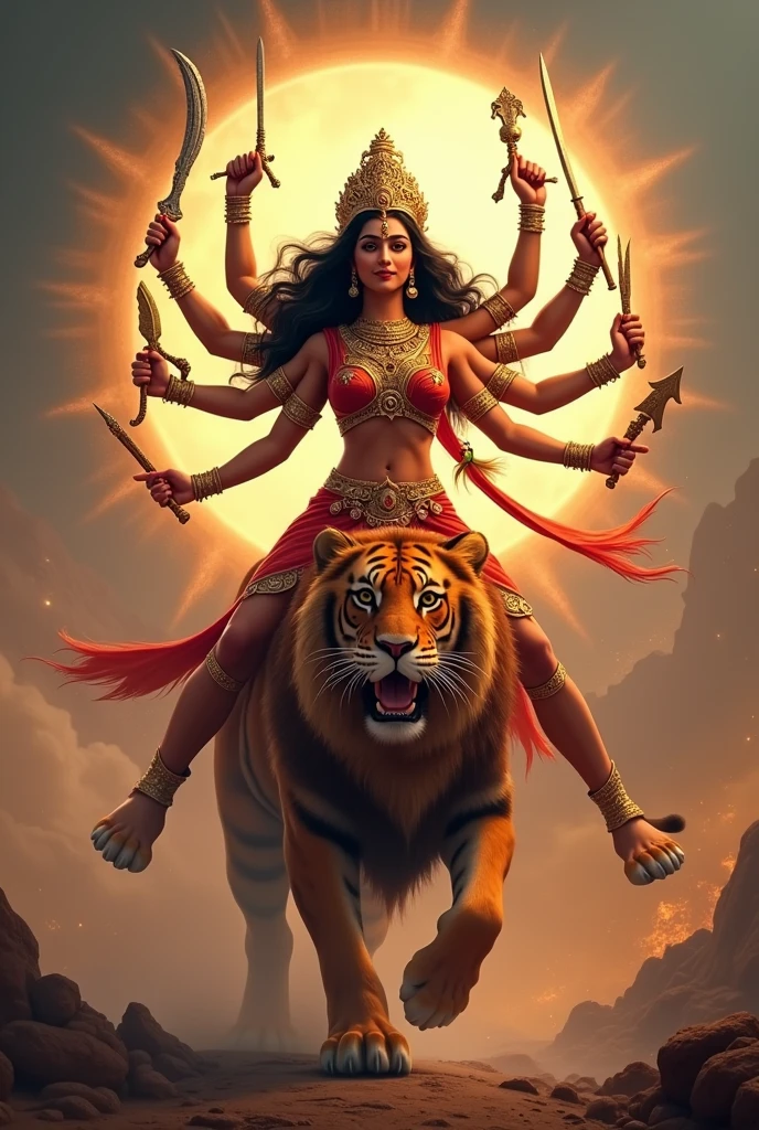 Goddess Durga is one of the most revered and celebrated deities in Hinduism. She embodies the divine feminine energy and is often associated with strength, protection, and the triumph of good over evil. Here are some key aspects of Goddess Durga:

### Symbolism and Iconography
1. **Form**: Durga is usually depicted riding a lion or tiger and wielding a variety of weapons in her multiple arms, each symbolizing her ability to combat various forms of negativity and evil.
2. **Ten Arms**: In her most common representation, she is shown with ten arms, each holding a different weapon given to her by the gods, symbolizing her omnipotence.
3. **Appearance**: She often has a compassionate and fierce expression, resonating with both nurturing and powerful qualities. 

### Festivals
1. **Durga Puja**: Celebrated predominantly in West Bengal and other parts of India, this festival honors the victory of Goddess Durga over the buffalo demon Mahishasura, symbolizing the victory of good over evil. It usually takes place in the month of Ashwin (September-October).
2. **Navaratri**: A nine-night festival dedicated to the worship of Goddess Durga, featuring various rituals and cultural performances.

### Mythology
1. **Victory over Mahishasura**: The most popular mythological narrative of Durga is her battle against the demon Mahishasura, who was granted a boon that made him invincible to gods and men. In response, the gods combined their powers to create Durga, who defeated him and restored cosmic order.
2. **Representation of Shakti**: Durga is often seen as a representation of Shakti, the feminine energy that empowers, nurtures, and protects.

### Cultural Impact
- Goddess Durga has inspired countless works of art, literature, and dance, reflecting her importance in various forms of cultural expression in India and beyond.
- She is also seen as a symbol of women's empowerment, embodying qualities such as courage, resilience, and wisdom.

Goddess Durga holds a special place in the h