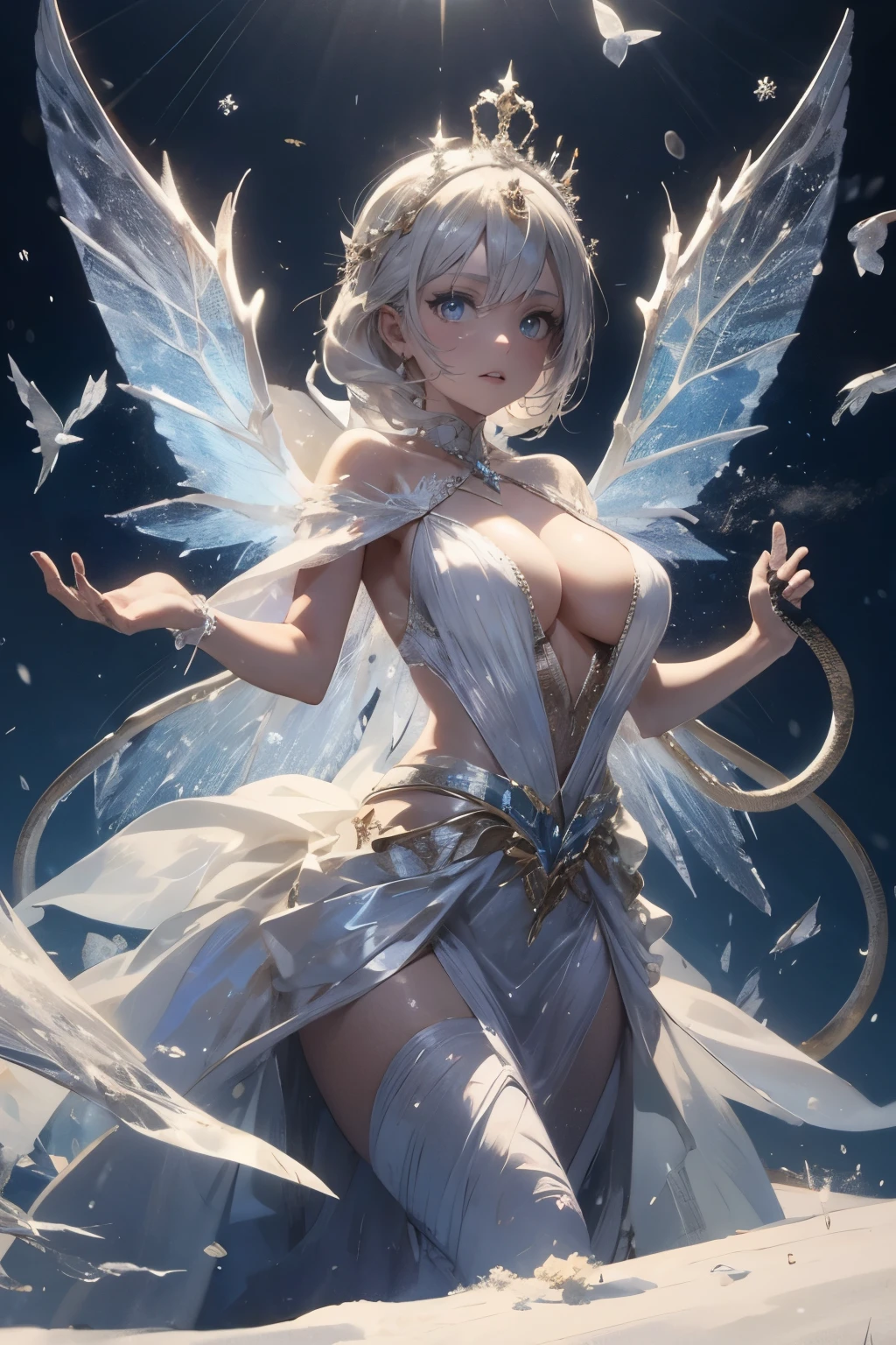 The Snow Queen, she wearing Long silver glittering dress , big breasts，The Ice crown On her head,Background is Ice snakes and Ice butterflies flying