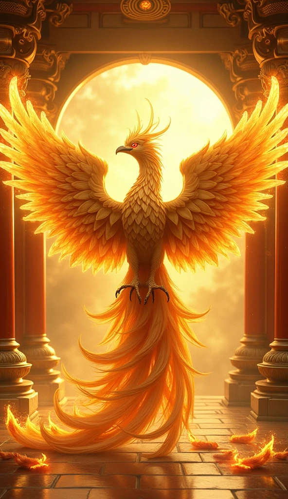 4K Ultra HD、Flapping Phoenix、The Golden Temple、Japanese style、Gold background、Increase your luck with money、Feathers are burning、Flames are scattered、Golden Phoenix