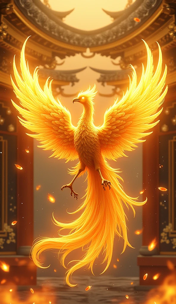 4K Ultra HD、Flapping Phoenix、The Golden Temple、Japanese style、Gold background、Increase your luck with money、Feathers are burning、Flames are scattered、Golden Phoenix