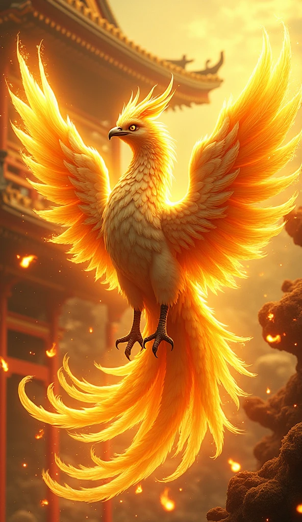 4K Ultra HD、Flapping Phoenix、The Golden Temple、Japanese style、Gold background、Increase your luck with money、Feathers are burning、Flames are scattered、Golden Phoenix