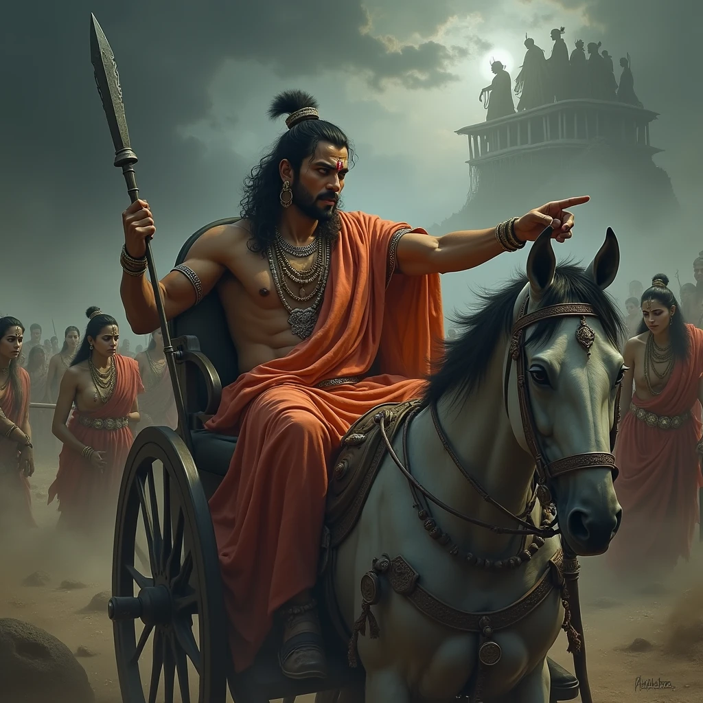 Depict Arjuna in his chariot, deeply distressed and pointing towards a battlefield where the traditional structures and family roles are breaking down. Surrounding him, illustrate spectral figures of women in traditional attire becoming corrupted and distorted, symbolizing the loss of moral integrity. The background should feature a chaotic battlefield, with shadows and dark, swirling mists representing the rise of adharma. Krishna stands beside Arjuna, his expression contemplative, as he listens to the grave concerns about the social and moral decline. The atmosphere should reflect a sense of impending crisis and moral upheaval.