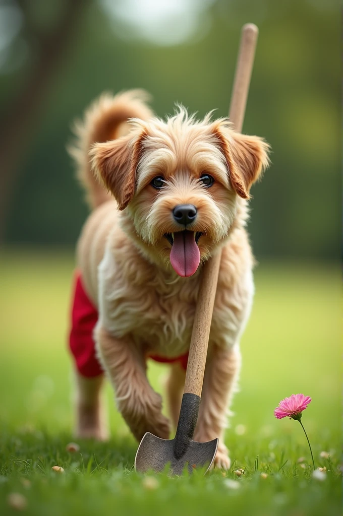 tongue, dog, solo, tongue_out, no_humans, shovel, outdoors, standing, blurry, animal_focus, animal, shorts, day, grass, red_shorts, full_body, looking_at_viewer, flower, blurry_background