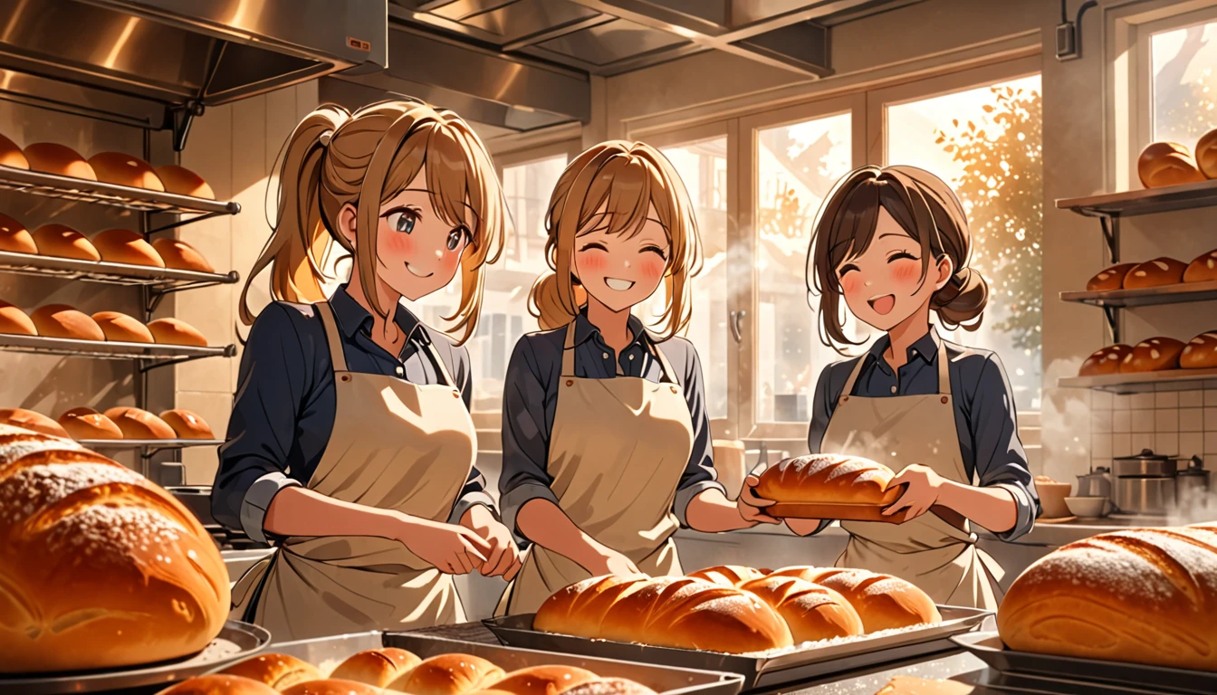 three girls with a beautiful smile taking a perfectly baked bread out of the oven, detailed face, intricate details, warm lighting, animetic, 8k, high quality, masterpiece, bakery, kitchen, team work, joy, delicious bread, crisp golden crust, steam rising, soft interior, fresh aroma, natural light, glossy surface, delicate texture, warm tones, cozy atmosphere, inviting scene, dynamic composition, emotional expression