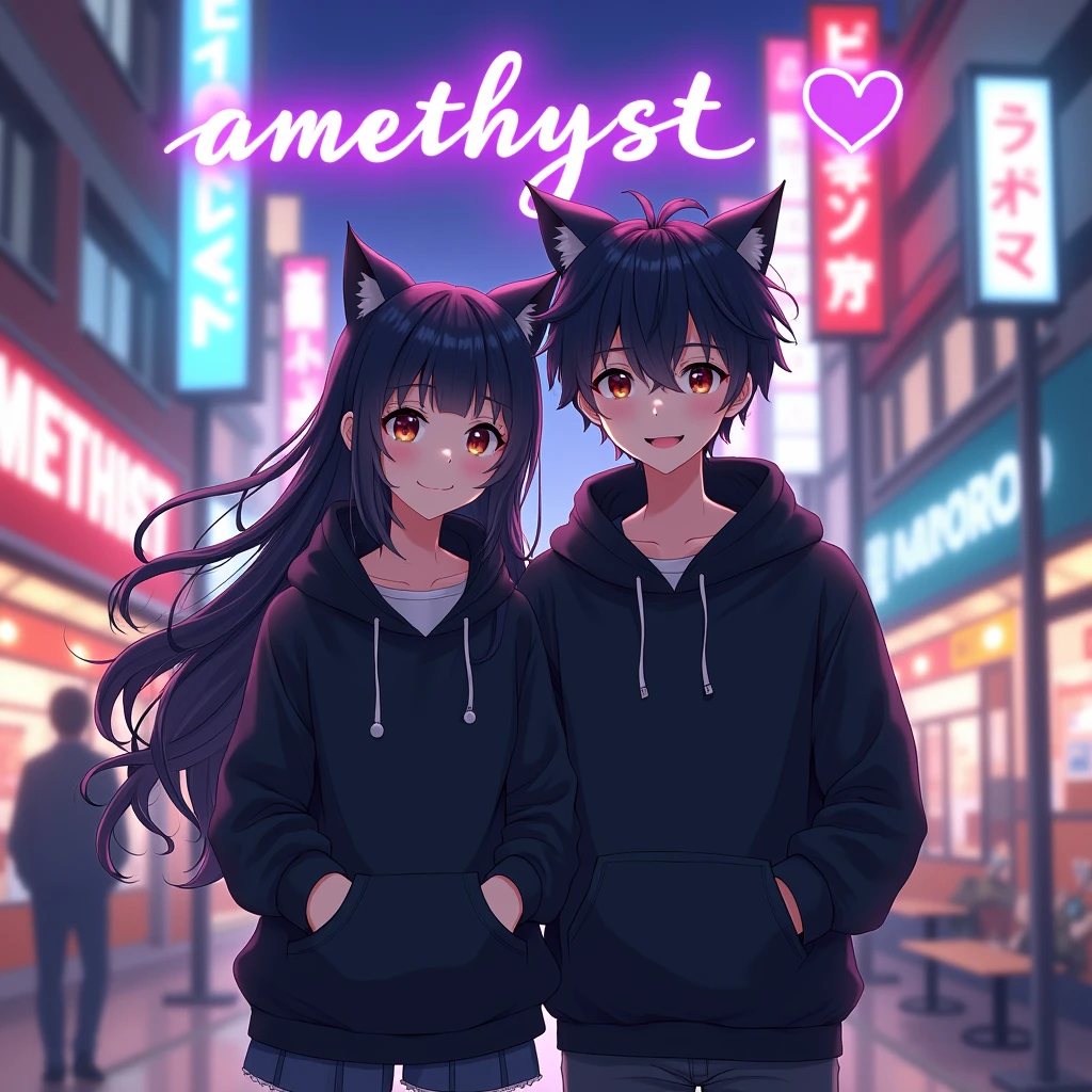 Sweet couple anime wearing black hoodie, 
with cat ears, with purple text 
"Amethyst" to the girl and "Chronus" to the 
boy, in japan citylights background, and the 
girl is black long hair