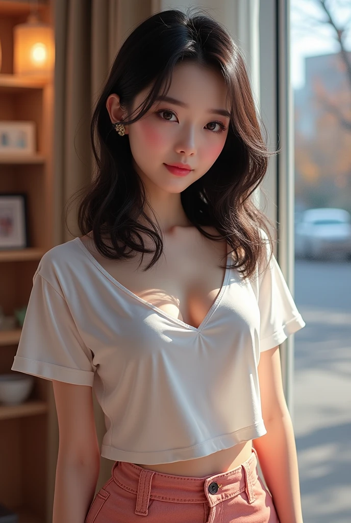 A South Korean cute girl in tshirt with mini skirt and her boobs big and touching 