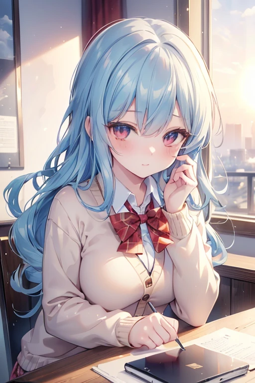 ((masterpiece, best quality, highres, UHD, perfect pixel, depth of field, 4k, RTX, HDR)), 1girl, single, solo, 1, beautiful anime girl, beautiful artstyle, anime character, ((long hair, bangs, light blue hair, curly hair)), (red eyes:1.4, rounded eyes, beautiful eyelashes, realistic eyes), (detailed face, blushing:1.2), (smooth texture:0.55, realistic texture:0.65, photorealistic:1.2, cinematic, anime CG style), medium breasts, perfect body, busty, (POV, close up), ((school uniform, cardigan, sweater, jacket, red bowtie, plaid skirt)), (indoor, beside the window), ((side light, natural light, sunrise)), sly smile, leaning forward, looking at viewer