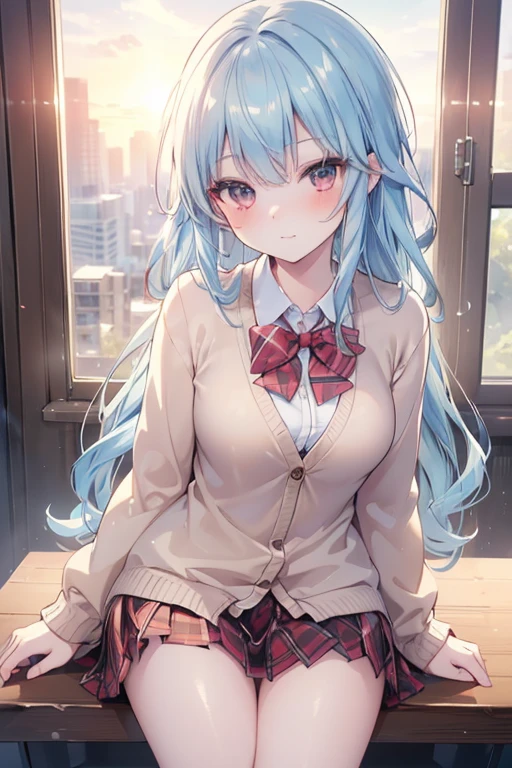 ((masterpiece, best quality, highres, UHD, perfect pixel, depth of field, 4k, RTX, HDR)), 1girl, single, solo, 1, beautiful anime girl, beautiful artstyle, anime character, ((long hair, bangs, light blue  hair, curly hair)), (red eyes:1.4, rounded eyes, beautiful eyelashes, realistic eyes), (detailed face, blushing:1.2), (smooth texture:0.55, realistic texture:0.65, photorealistic:1.2, cinematic, anime CG style), medium breasts, perfect body, busty, (POV, close up), ((school uniform, cardigan, sweater, jacket, red bowtie, plaid skirt)), (indoor, beside the window), ((side light, natural light, sunrise)), sly smile, leaning forward, looking at viewer