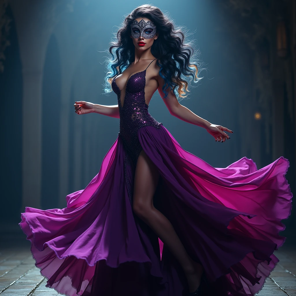  Wearing a long purple and pink dress, low cut, thigh high slit as she dances away wearing a masqurade mask Caucasian-Hispanic mix women, with deep wave curls black hair with, light blue dark blue and blonde combined together blue eyes, Instagram model, black makeup long lashes, big lips, red lipstick nose pierced 30k