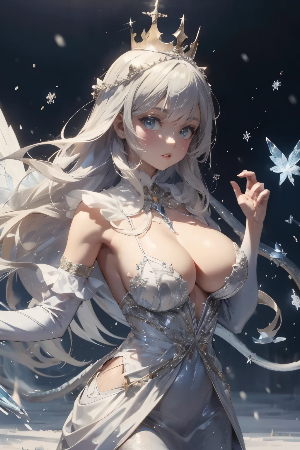 The Snow Queen, she wearing Long silver glittering dress , big breasts,The Ice crown On her head,Background is Ice snakes and Ice butterflies flying