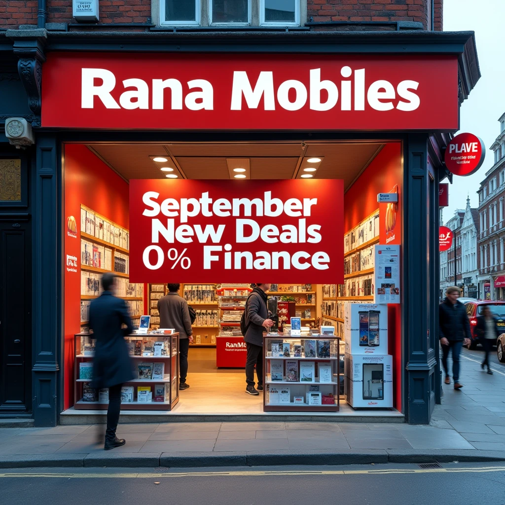 Mobile store image with new month September and new deals banner realstic photo. Shop name is Rana mobiles.
Title September new deals with 0% finance