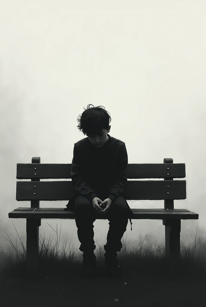 A dipressed boy with blur face sit on brnch black and white image