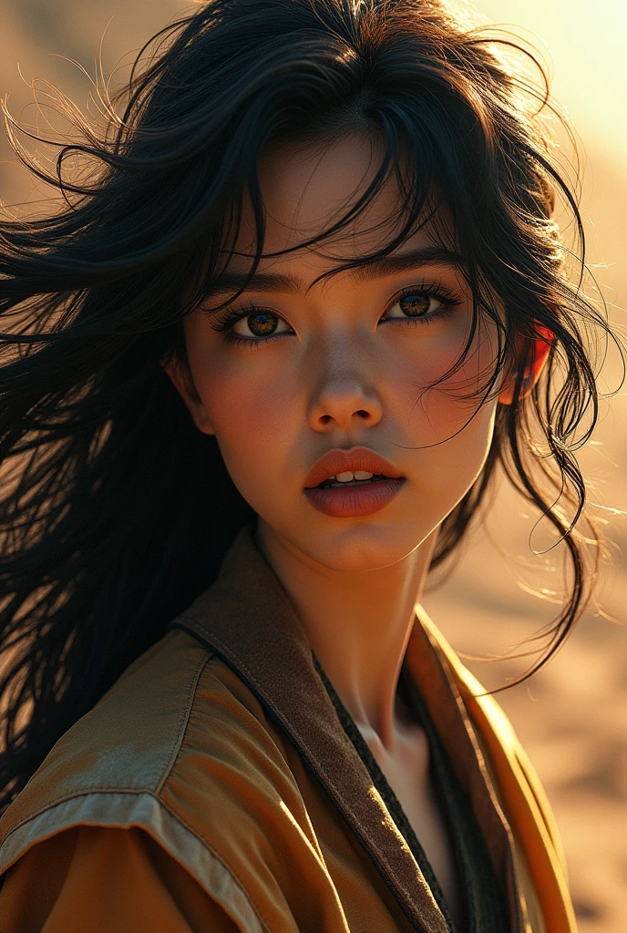 (RAW photo, best quality), (realistic, photo-realistic:1.3),best quality,highly detailed,masterpiece,ultra-detailed,illustration,1girl,upper_body,dynamic angle,world masterpiece theater,messy_long_hair,best quality,extremely detailed CG unity 8k wallpaper,ink,Amazing,cinematic lighting,lens_flare, dunhuang_style