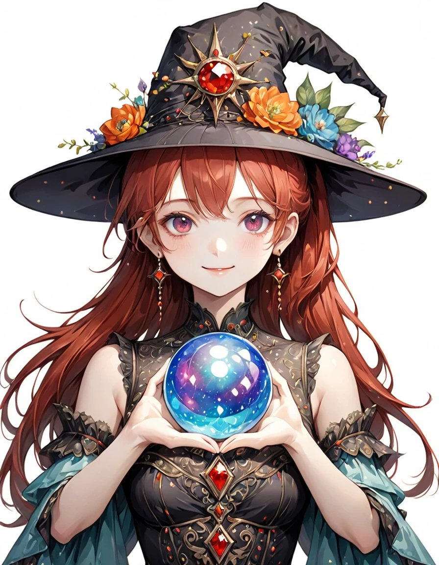 Highest quality、High resolution、(Beautiful face in every detail:1.4)、(Paint to fit on canvas:1.5)、Please draw the hand carefully、Delicate hands、Elaborate hands、Anatomically correct、(Normal number of fingers:1.2)、(Highly detailed face)、Detailed eyes、Teenage Beauty、Perfect body line、Stand in the center、so beautiful、 (((Blank Background:1.5, No background:1.5, Background white:1.5)))、１people々、(Upper Body:2.0)、woman、(smile:1.5)、Halloween、witch、The hat is very small、(Red Hair:2.0)、(Hair in a ponytail:2.0)、(witchの小さい帽子:1.5)、(The hat just has flowers on it:1.5)、Jeweled clothing、change the design of clothes、(Victorian dress:1.5)、(Change the pose:2.0)、Beautiful fingers、(There is a big jewel in the hat:1.5)、(I have a large crystal ball that I use for fortune telling...5)、Don&#39;You&#39;re drawing too many fingers、Change how you hold the crystal ball、There is a crystal that encases it..、
