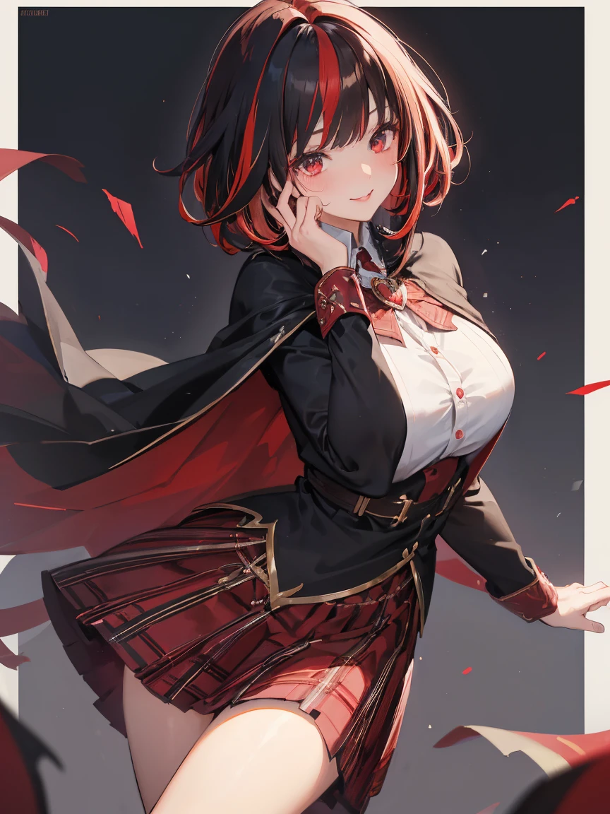 1female, magical school student, black short hair, (highlights hair:1.2),(rich red, streaked hair:1.5), long bangs, putting on magical cape, brown plaid pattern costume, short length skirt with panier, detailed face, big heart eyes, thin eyebrows, moist lips, kissing lips, smiling full of compassion, close up shot,