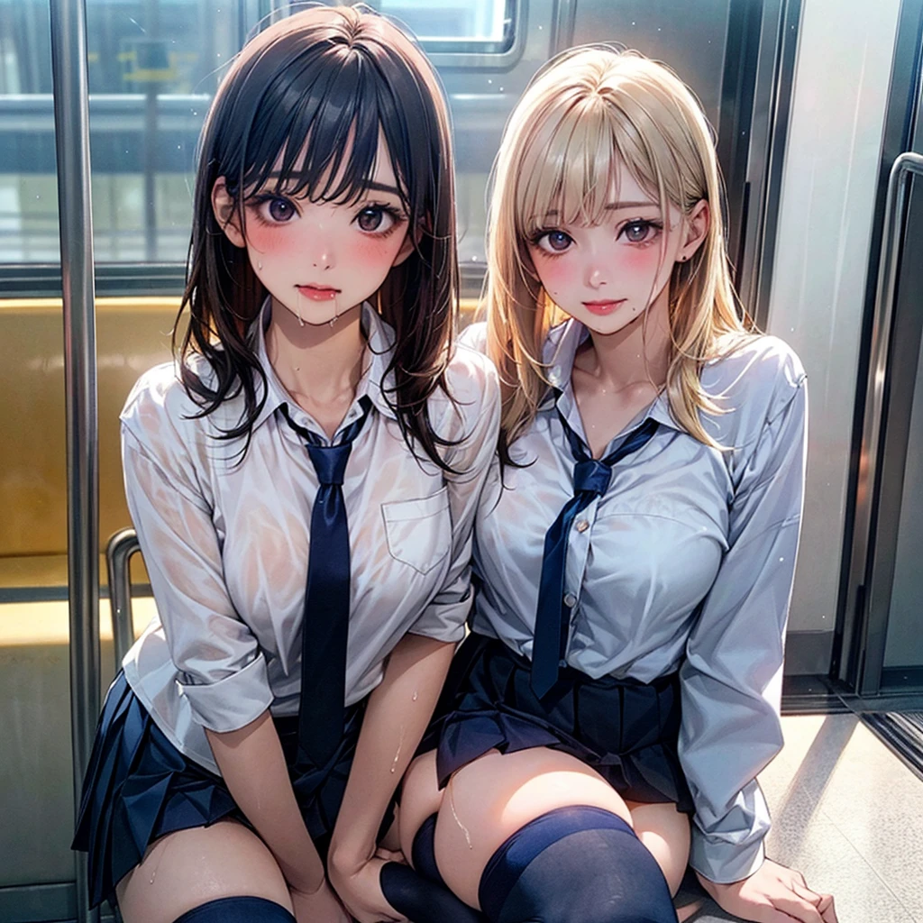 in the train,  Embarrassed look, Looking at the camera, (Highest qualityの目), Detailed Texture, look at me, transformation,Connected saliva,(masterpiece:1.2, Highest quality), (Realistic, photoRealistic:1.4), Beautiful illustrations, (Natural Side Lighting, Cinema Lighting), Browsing Caution,, Love each other,  2 people, Japanese, high school girl, Perfect Face, Cute and symmetrical face, Glowing Skin, slimy skin,Wet Hair,Heart Eyes,
(Long Hair:1.8, Straight hair:1.7, Light blonde), Asymmetrical bangs,, (Large Breasts:1.1, Thick thighs), 
Beautiful Hair, Beautiful Face, Beautiful attention to detail, Beautiful clavicle, Beautiful body, Beautiful breasts, Beautiful thighs, Beautiful feet, Beautiful fingers, 
((Collared shirt, Navy pleated mini skirt, Knee socks, Navy untied tie)), Wet clothes、Lace Underwear,  (Ahegao, Upward glance), Erect nipples,bottomless