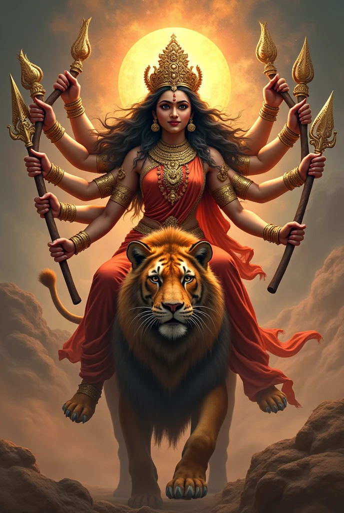 Goddess Durga is one of the most revered and celebrated deities in Hinduism. She embodies the divine feminine energy and is often associated with strength, protection, and the triumph of good over evil. Here are some key aspects of Goddess Durga:
### Symbolism and Iconography
1. **Form**: Durga is usually depicted riding a lion or tiger and wielding a variety of weapons in her multiple arms, each symbolizing her ability to combat various forms of negativity and evil.
2. **Ten Arms**: In her most common representation, she is shown with ten arms, each holding a different weapon given to her by the gods, symbolizing her omnipotence.
3. **Appearance**: She often has a compassionate and fierce expression, resonating with both nurturing and powerful qualities.
### Festivals
1. **Durga Puja**: Celebrated predominantly in West Bengal and other parts of India, this festival honors the victory of Goddess Durga over the buffalo demon Mahishasura, symbolizing the victory of good over evil. It usually takes place in the month of Ashwin (September-October).
2. **Navaratri**: A nine-night festival dedicated to the worship of Goddess Durga, featuring various rituals and cultural performances.
### Mythology
1. **Victory over Mahishasura**: The most popular mythological narrative of Durga is her battle against the demon Mahishasura, who was granted a boon that made him invincible to gods and men. In response, the gods combined their powers to create Durga, who defeated him and restored cosmic order.
2. **Representation of Shakti**: Durga is often seen as a representation of Shakti, the feminine energy that empowers, nurtures, and protects.
### Cultural Impact
- Goddess Durga has inspired countless works of art, literature, and dance, reflecting her importance in various forms of cultural expression in India and beyond.
- She is also seen as a symbol of women's empowerment, embodying qualities such as courage, resilience, and wisdom.
Goddess Durga holds a special place in the h