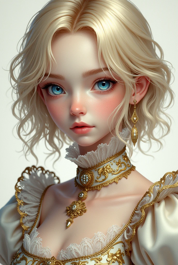 (masterpiece, Best Quality, High resolution: 1.4), detailed, intricate details, 4k, touch of color, Line art, French Victorian style Detail.
man, androgino wavy hair rubio, delgado, wavy hair, blue eyes, smooth skin, White skin, slim, smiling, gentle.
Clothing detail Prince dress with white and gold lace.